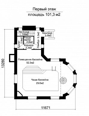 Проект бассейна под шатровой кровлей, с подвалом и тренажерной в мансарде / План 1 этажа