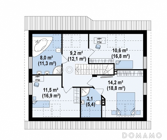 Проект одноэтажного мансардного дома из кирпича с тремя комнатами и кабинетом / План мансардного этажа