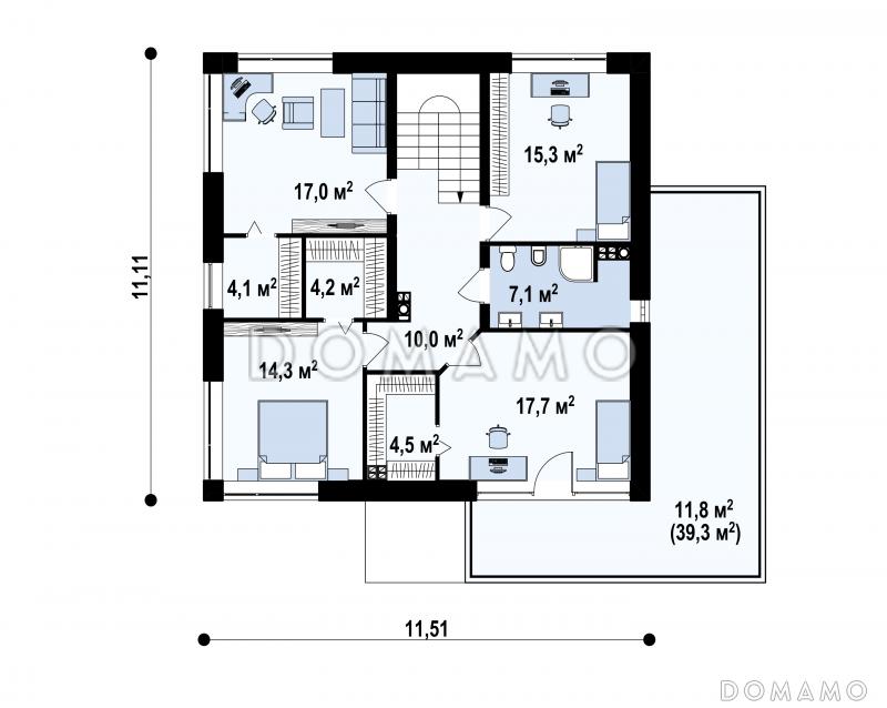 Проект загородного дома с гаражом на две машины, просторной гостиной, комнатой на первом этаже, кладовой / План 2 этажа