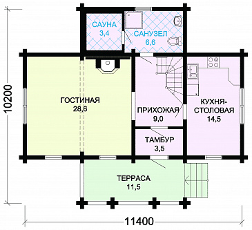 Проект небольшого дома из оцилиндрованного бревна с сауной / План 1 этажа