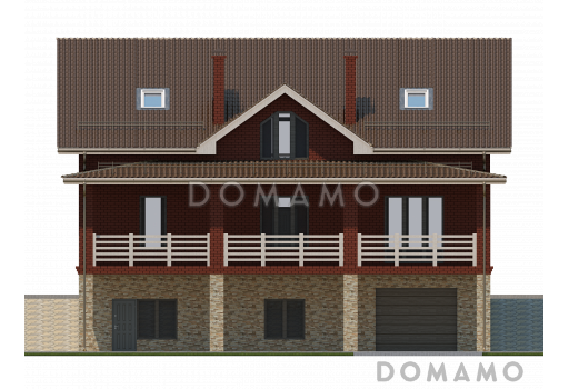 Проект дома с мансардным и цокольным этажом, с гаражом и крытой террасой на втором этаже / Фасад 4