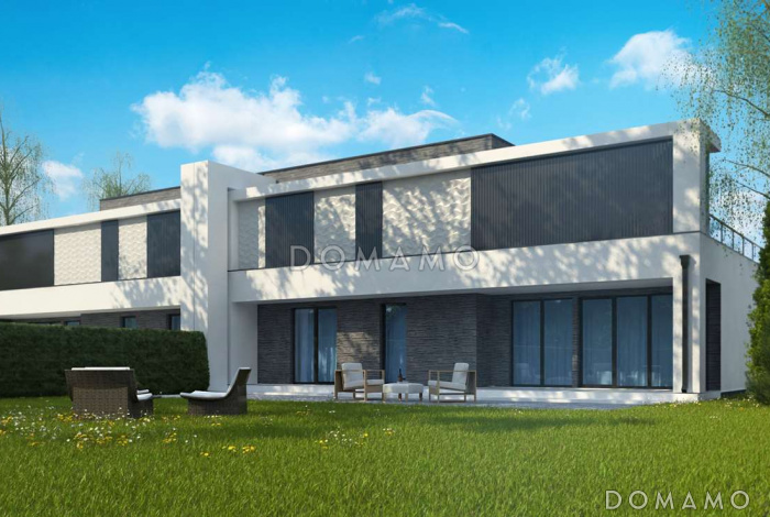 Проект современных мансардных домов-близнецов из газобетона с большим гаражом и открытой террасой на втором этаже