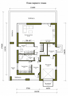 Проект двухэтажного дома в стиле хай-тек с мастерской-гаражом, очень просторной террасой и вторым светом / План 1 этажа