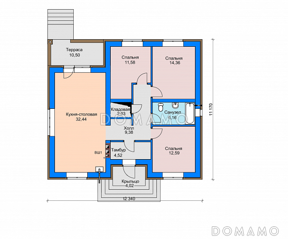 Проект одноэтажного дома с террасой, просторной кухней-столовой, кладовой в холле и спальнями / План 1 этажа