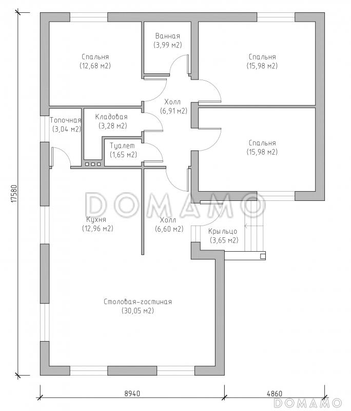 Проект компактного одноэтажного дома по технологии ЛСТК с тремя спальнями и большой кухней-столовой-гостиной / План 1 этажа