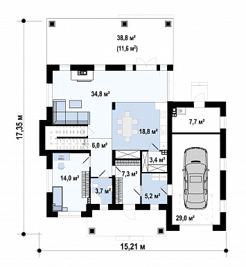 Проект дома с гаражом для машины, подвалом, крытой террасой, кладовой / План 1 этажа