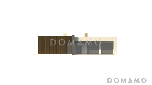 Проект современного одноэтажного дома из кирпича с плоской крышей с тремя спальнями и двухместным гаражом / Фасад 3