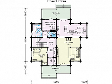 Проект двухэтажного дома с кухней-столовой, сауной и большими спальнями / План 1 этажа