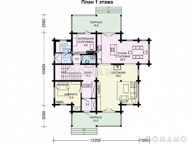 Проект двухэтажного дома с кухней-столовой, сауной и большими спальнями / План 1 этажа