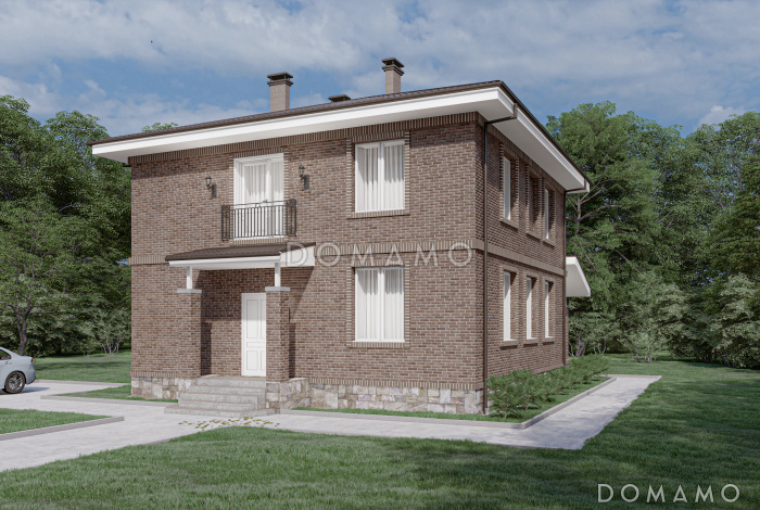 Проект двухэтажного дома с просторными террасой и гостиной-столовой