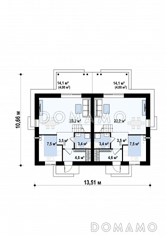 Проект двухсемейного дома из кирпича с 3 спальнями на мансарде / План 1 этажа