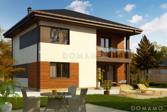 Проект современного двухэтажного дома из кирпича с пятью комнатами и балконом