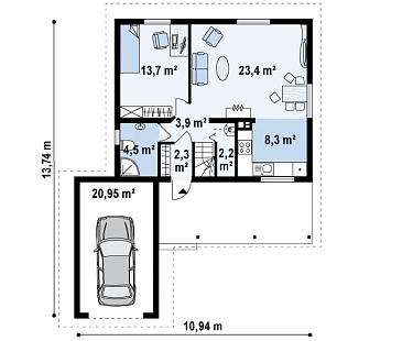 Проект компактного одноэтажного мансардного дома из газобетона с тремя спальнями, фронтальной террасой и гаражом / План 1 этажа
