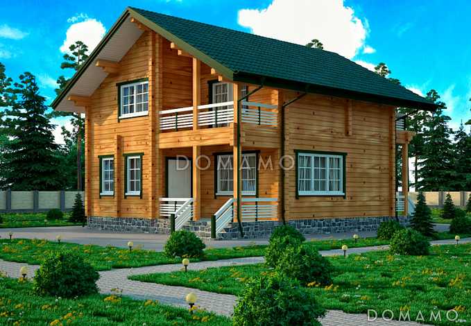 Проект дома из клееного бруса с мансардой и двумя балконами на втором этаже