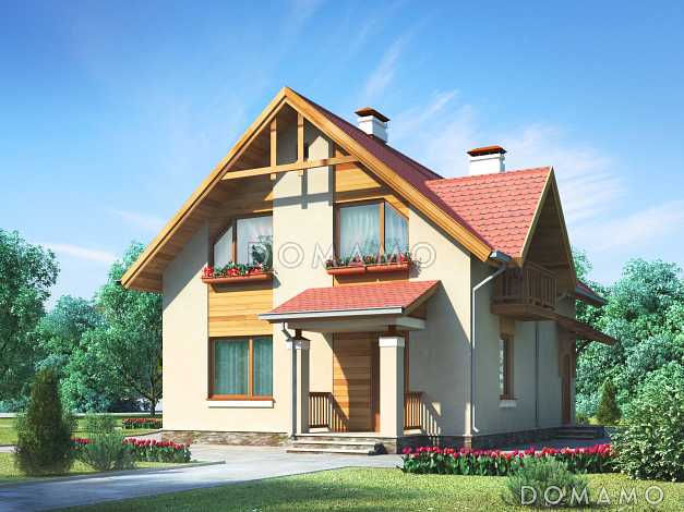 Проект дома из пеноблоков с просторной гостиной и двумя балконами