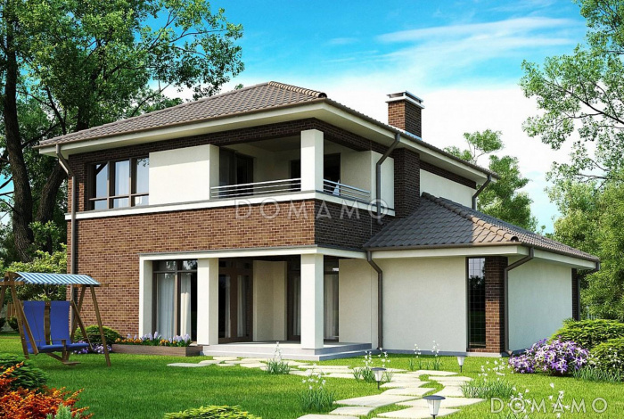 Проект двухэтажного загородного дома с балконом на две спальни, кабинетом, гаражом, террасой