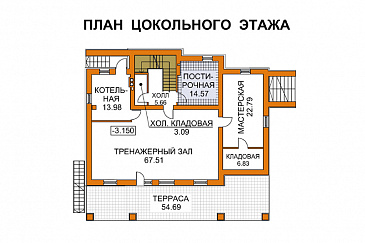 Проект дома из кирпича для неровных участков / План цокольного этажа