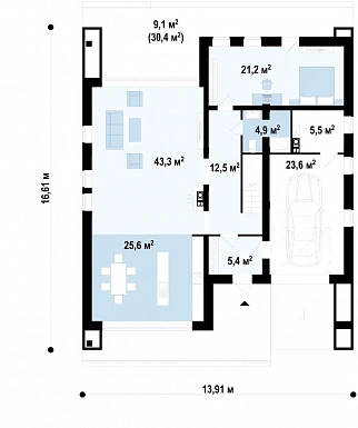 Проект дома из газобетона с 4 спальнями и большой гостиной, адаптированный для сейсмозоны / План 1 этажа