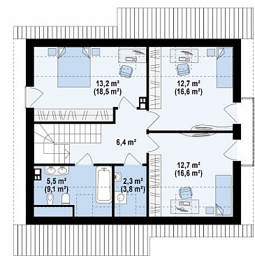 Проект классического мансардного дома из газобетона с кабинетом и большим техническим помещением / План мансардного этажа