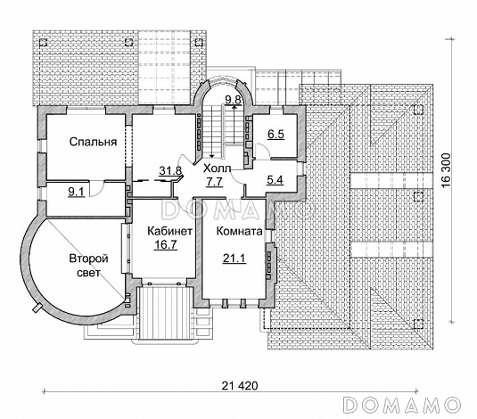 Проект коттеджа с круглой гостиной, гаражом и навесом / План 2 этажа