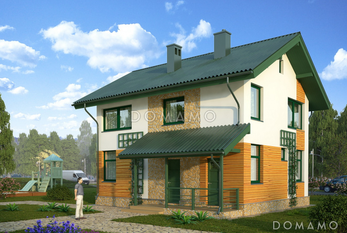 Проект компактного двухэтажного коттеджа с облицовкой входного фасада камнем