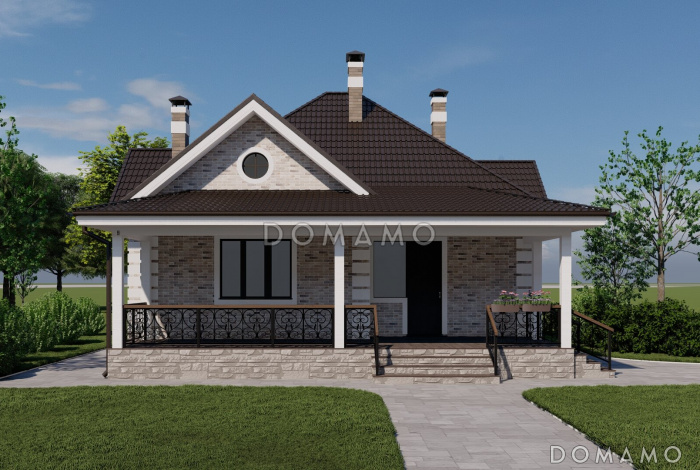 Проект одноэтажного каркасного дома с двумя спальнями и просторной террасой