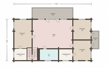Проект деревянного дома из клееного бруса с огромным холом и тремя спальнями на втором этаже / План 2 этажа
