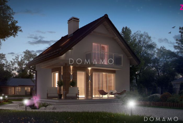 Проект компактного одноэтажного мансардного дома из кирпича с двумя спальнями для строительства на небольшом участке