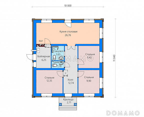 Проект загородного дома с кухней-столовой в ширину дома, тремя спальнями, двумя санузлами / План 1 этажа
