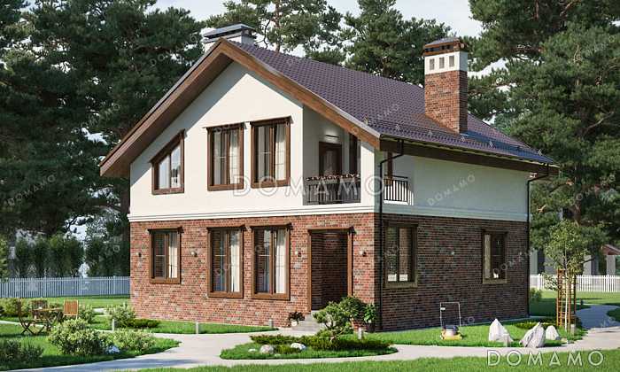 Проект дома с просторной кухней-столовой, загороженным крыльцом и уютным балконом на верхнем этаже