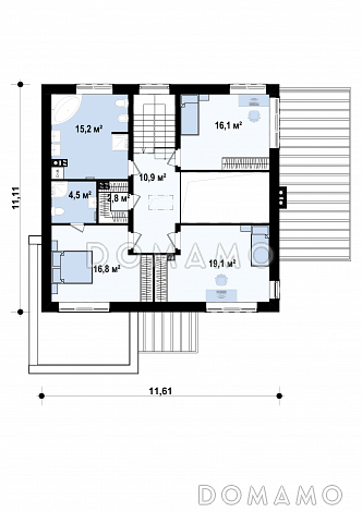 Проект просторного современного двухэтажного дома из газобетона, с четырьмя комнатами, гаражом и вторым светом над гостиной / План 2 этажа