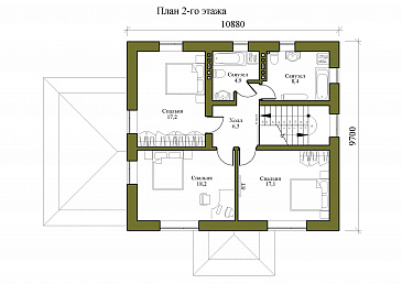 Проект двухэтажного дома с тремя спальнями на втором этаже и спальней на первом этаже / План 2 этажа