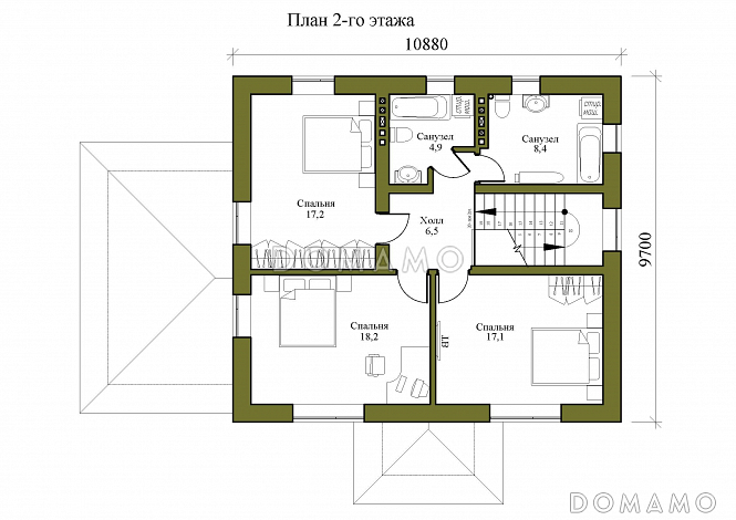 Проект двухэтажного дома с тремя спальнями на втором этаже и спальней на первом этаже / План 2 этажа