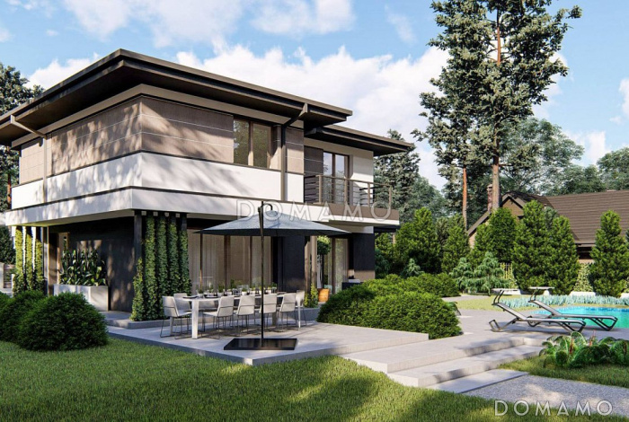 Проект двухэтажного дома с подвалом, гаражом на 2 машины, кабинетом, мастер-спальней  с балконом