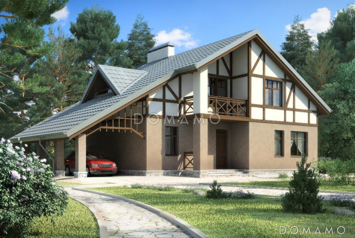 Проект дома из панелей SIP в стиле фахверк с двусветной гостиной и навесом для машины