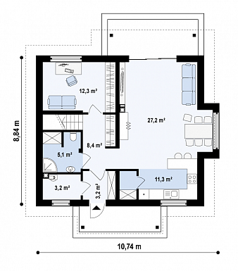 Проект одноэтажного мансардного дома из газобетона с прямоугольным эркером и балконом / План 1 этажа