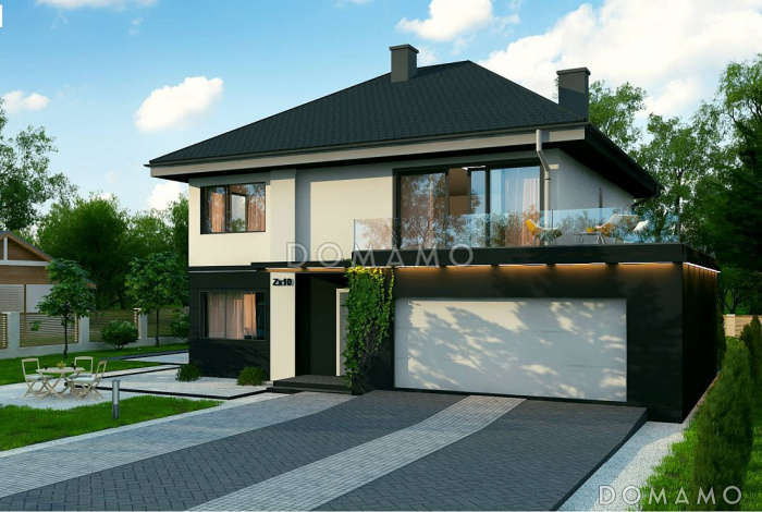 Проект загородного дома с гаражом и террасой над ним, кухней с кладовой, комнатой отдыха на первом этаже