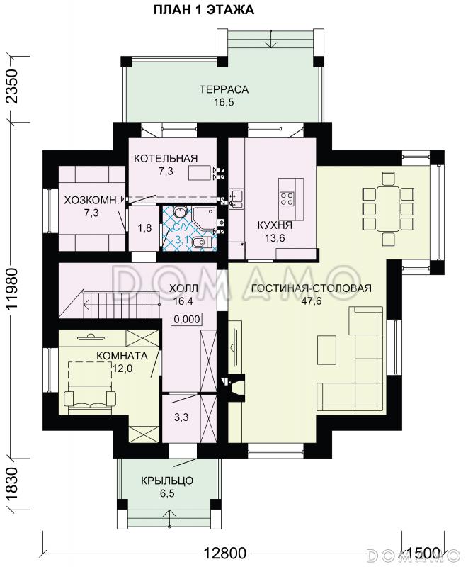 Проект двухэтажного дома из пеноблоков с крытой террасой / План 1 этажа