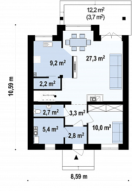 Проект классического мансардного дома из кирпича с кабинетом, с эркером и балконом / План 1 этажа