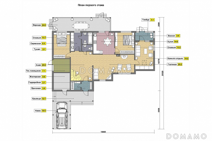 Проект кирпичного дома с небольшой мансардой / План 1 этажа