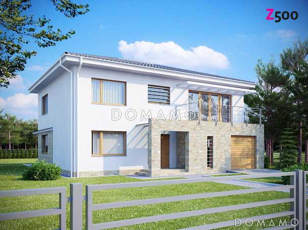 Проект просторного современного двухэтажного дома из газобетона, с пятью комнатами, гаражом и балконом