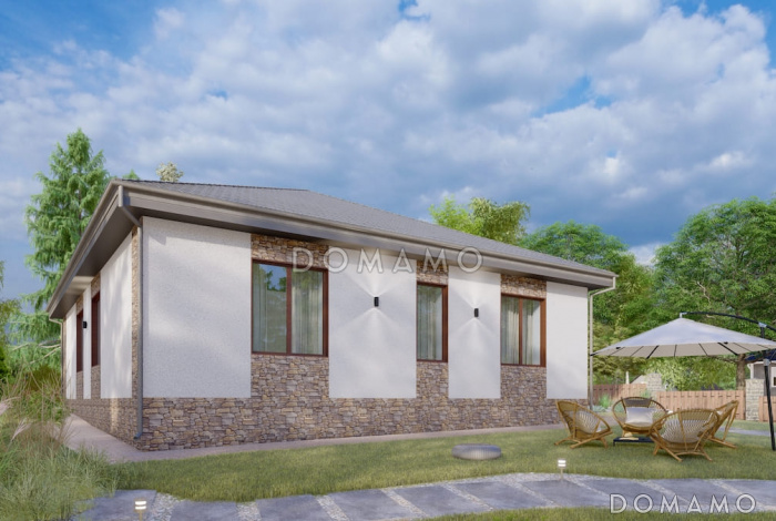 Проект одноэтажного коттеджа с сауной и крытой террасой