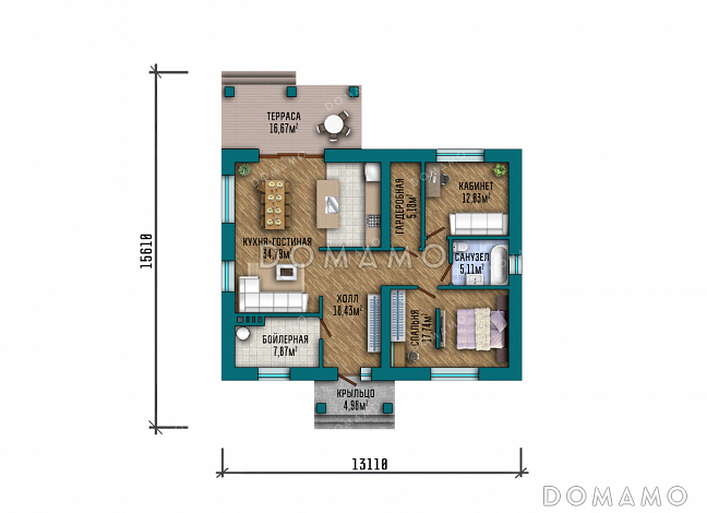 Проект одноэтажного дома с общей вальмовой кровлей над входной группой и террасой и отделкой фасада кирпичом / План 1 этажа