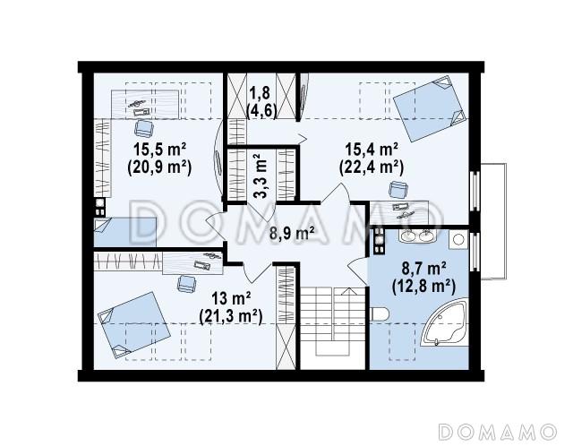 Проект одноэтажного мансардного дома из газобетона со стеклянным эркером в кухонной зоне, балконом над ним и гаражом / План мансардного этажа