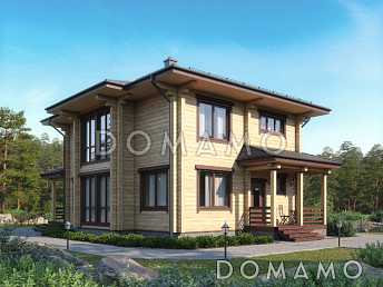 Проект двухэтажного дома из бруса с пятью комнатами, эркером и крытой террасой