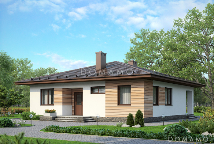 Проект одноэтажного дома из SIP панелей с тремя спальнями, шатровой крышей и комбинированной облицовкой