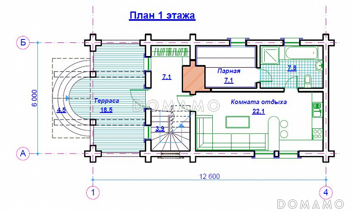 Проект бани со свайным фундаментом / План 1 этажа