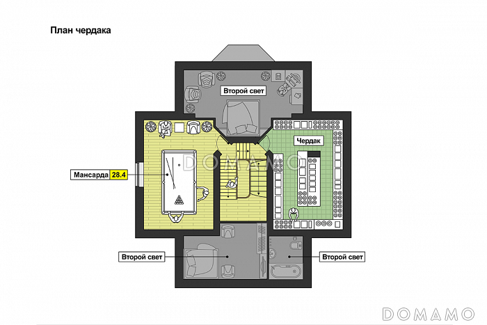 Проект дома с цокольным этажом, бассейном и сауной, кухней с эркером, открытой террасой, бильярдной на мансарде / План мансардного этажа