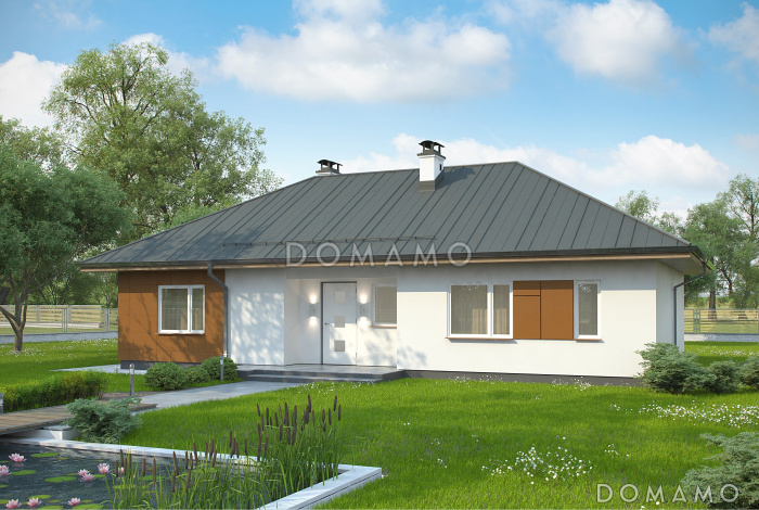 Проект одноэтажного дома из кирпича с просторной дневной зоной и тремя спальнями