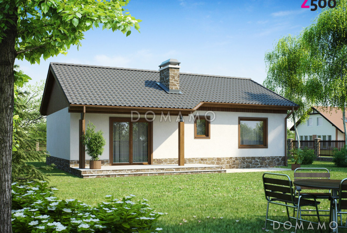 Проект компактного одноэтажного дома из кирпича с двумя спальнями и просторной гостиной